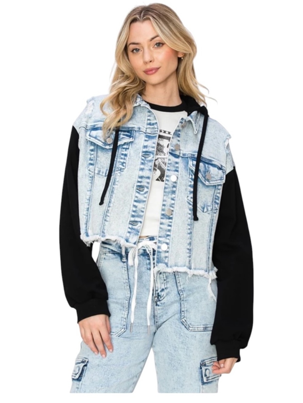 Risen Light Wash Denim Crop Jacket with Black Hoodie Sleeves